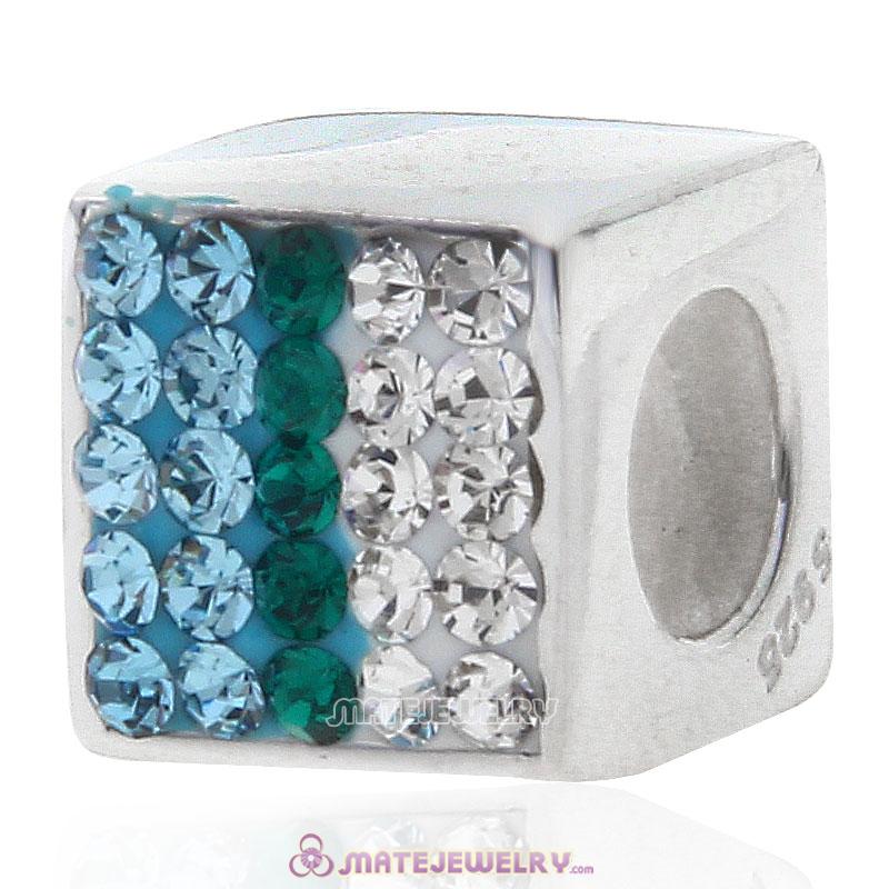 925 Sterling Silver Dice Charm Beads With White Blue and Green Austrian Crystal 