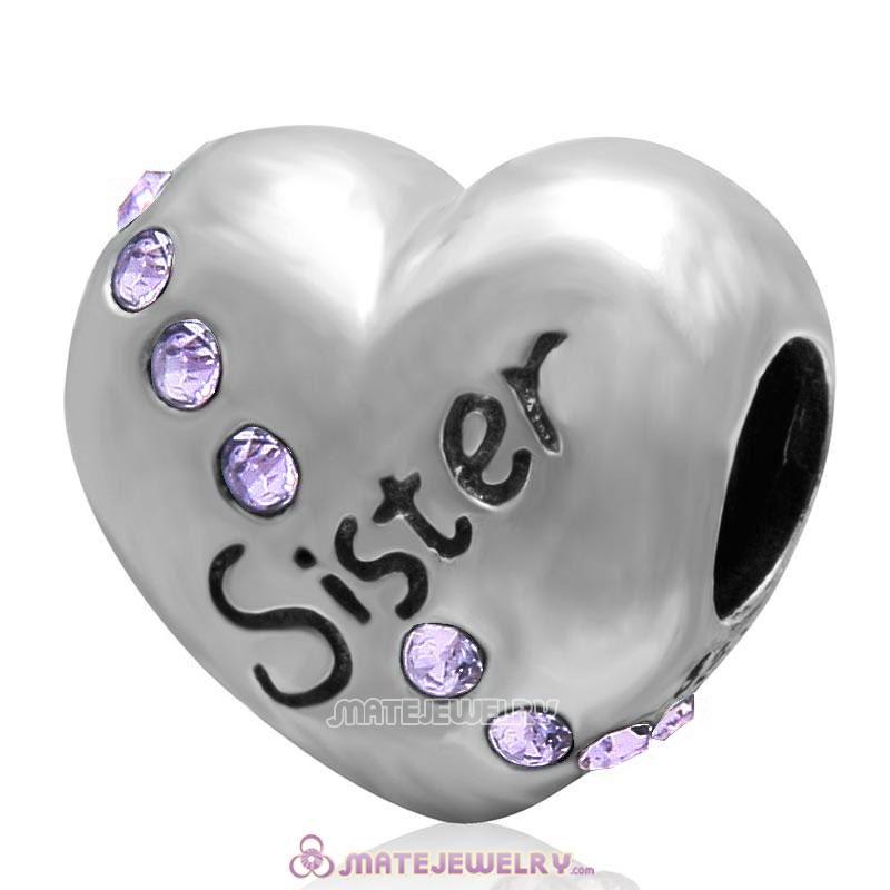 Violet Crystal Sister 925 Sterling Silver Love Heart Bead