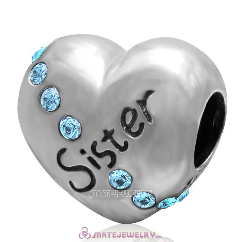 Aquamarine Crystal Sister 925 Sterling Silver Love Heart Bead