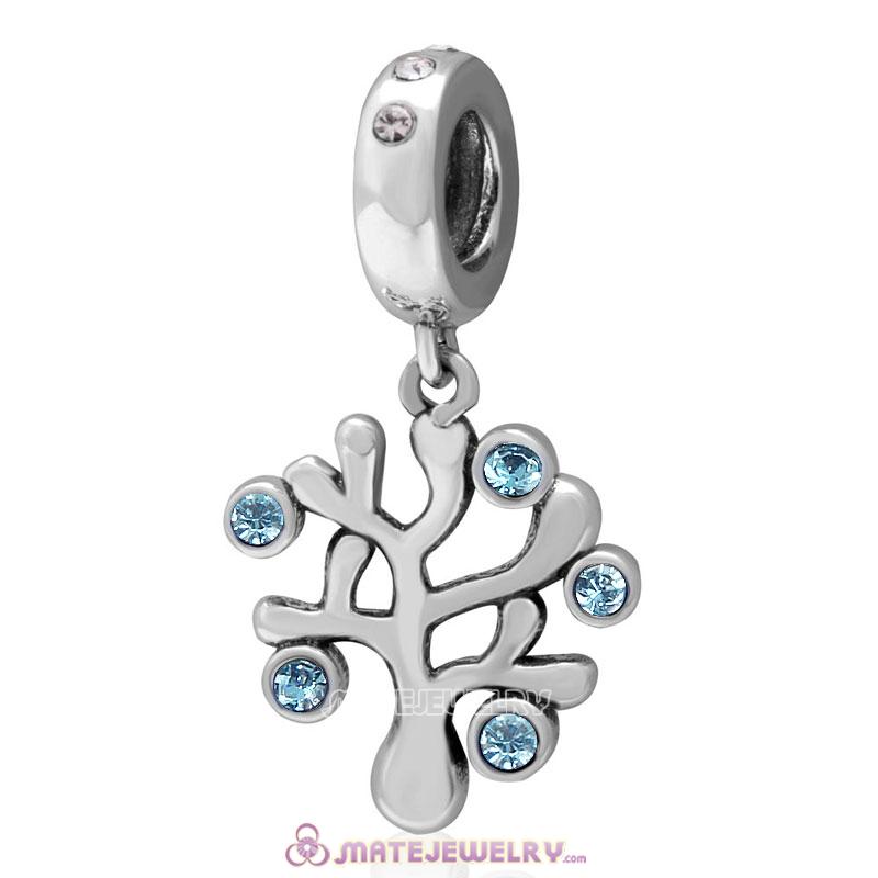 Family Tree Dangle 925 Sterling Silver with Aquamarine Austrian Crystals Charm 