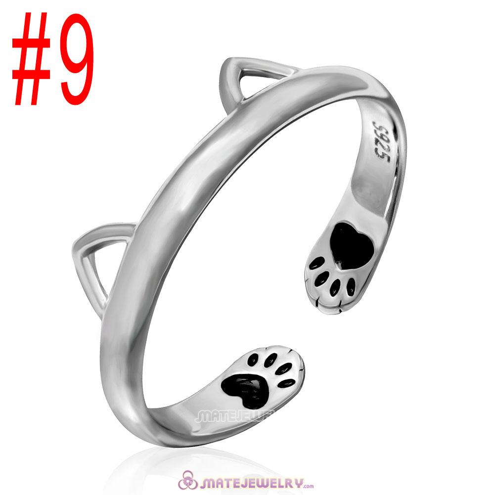 Cute Cat Paw Design 925 Sterling Silver Open Adjustable Rings