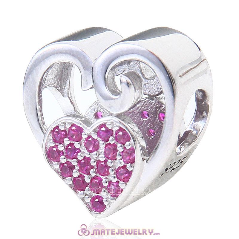 Double Heart Love 925 Sterling Silver with Fuchsia Stone Bead