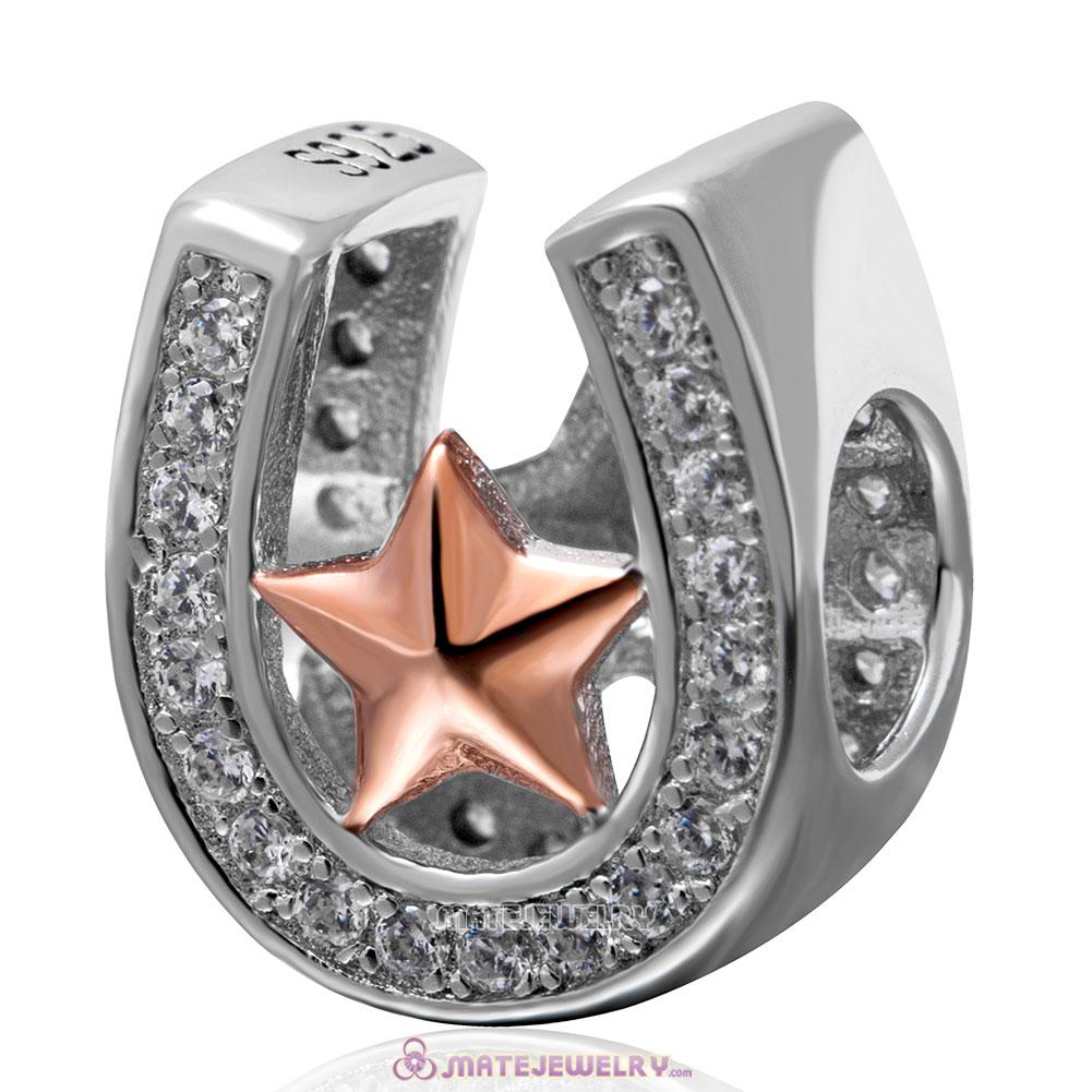 Rose Gold Lucky Star 925 Sterling Silver Horseshoe Charm with Clear Stone  