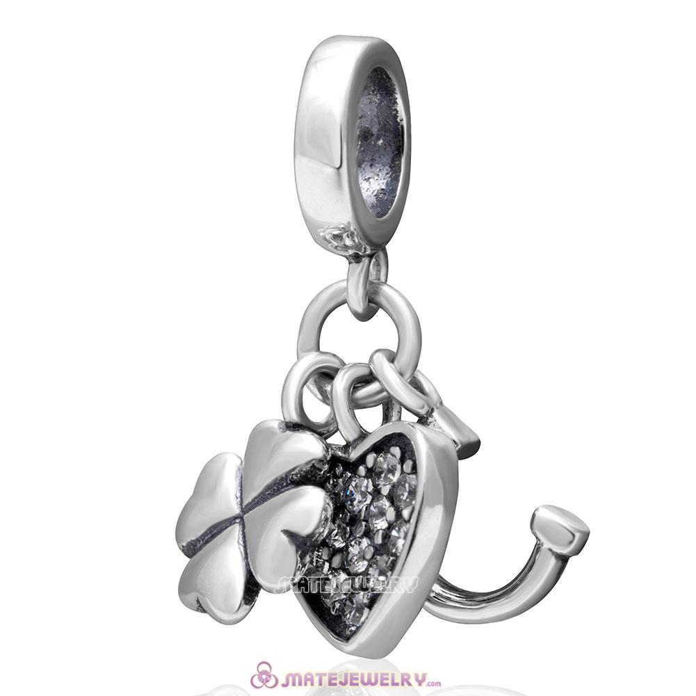 925 Sterling Silver Horseshoe Clovers and Heart Charm with Clear Stone  