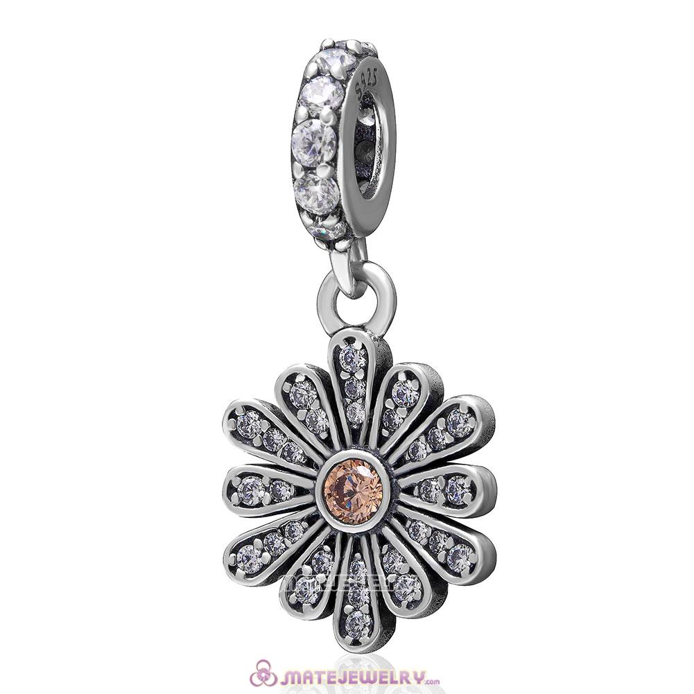 Clear and Champagne Stone 925 Sterling Silver Daisy Flower Charm  