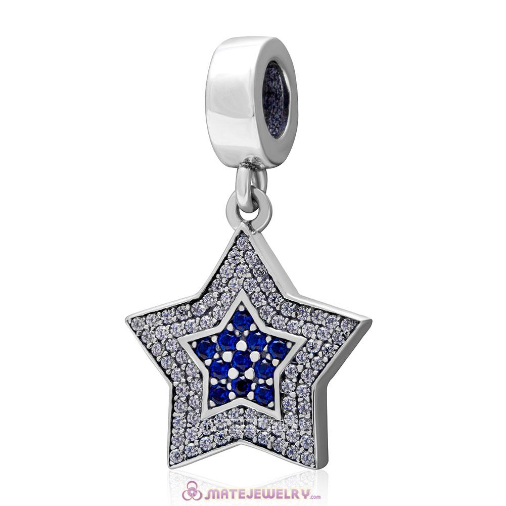Aspiration Star Charm Dangle 925 Sterling Silver Clear Blue Pave Charm  