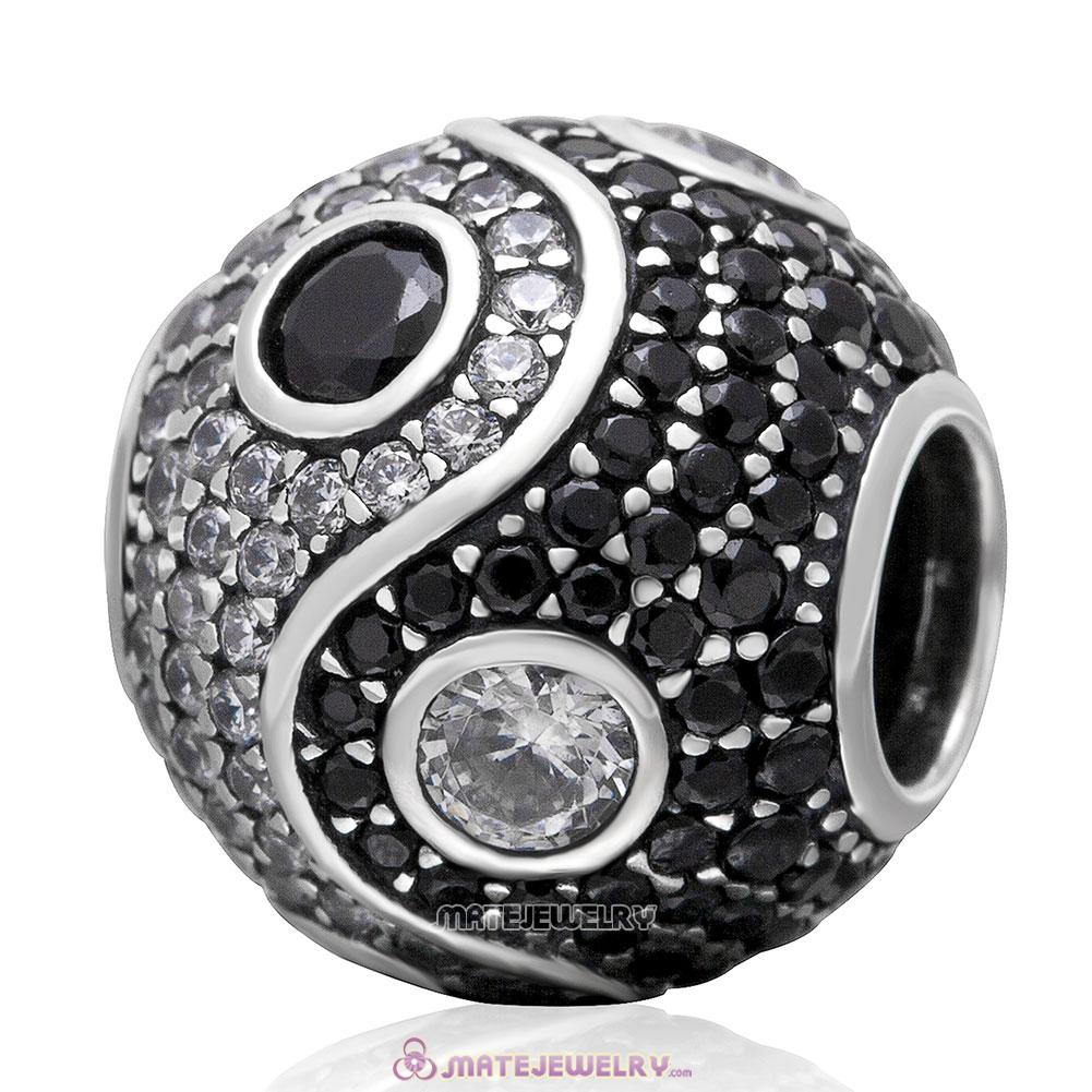 Yin Yang Charm 925 Sterling Silver Bead with Pave Black and White Stone  