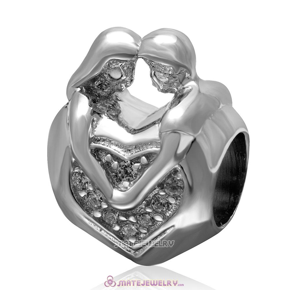 Lover Couple Hug Heart Charm 925 Sterling Silver Clear Stone Bead