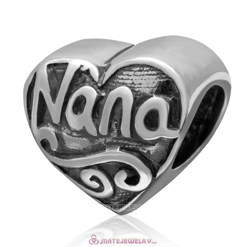 I Love Nana Heart Charm 925 Sterling Silver Antique Bead