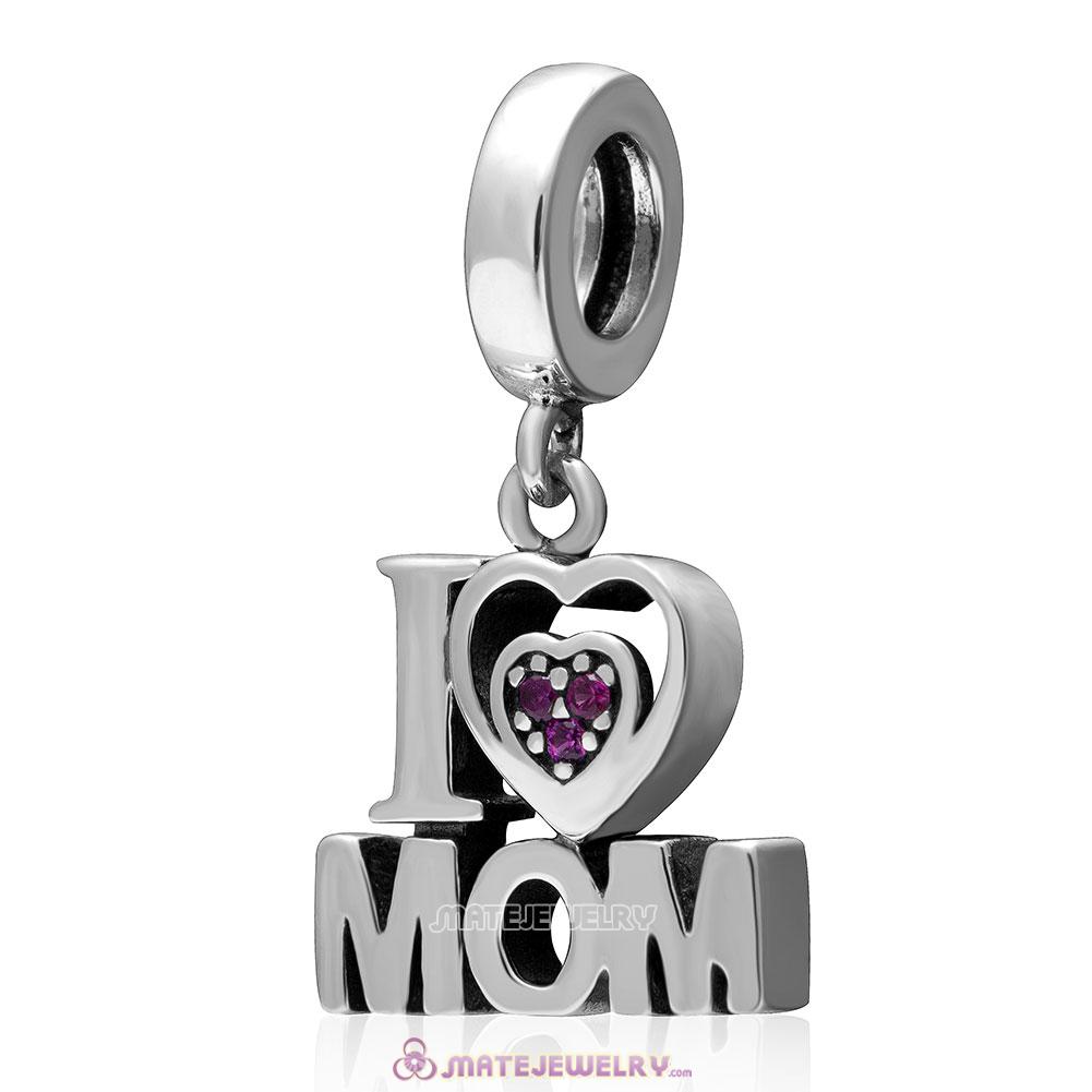 I Love Mom Pendant 925 Sterling Silver Fuchsia Stone Charm