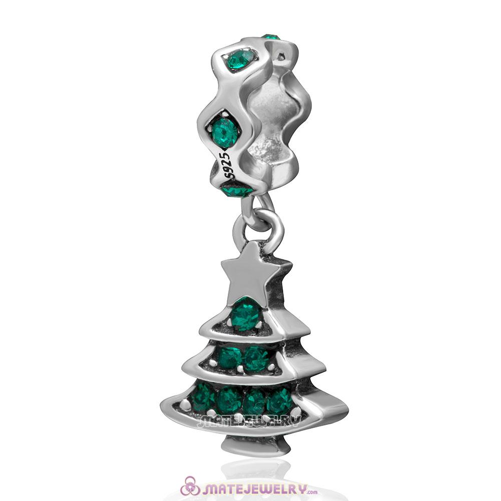 Christmas Tree Charm 925 Sterling Silver Dangle Bead with Emerald Crystal