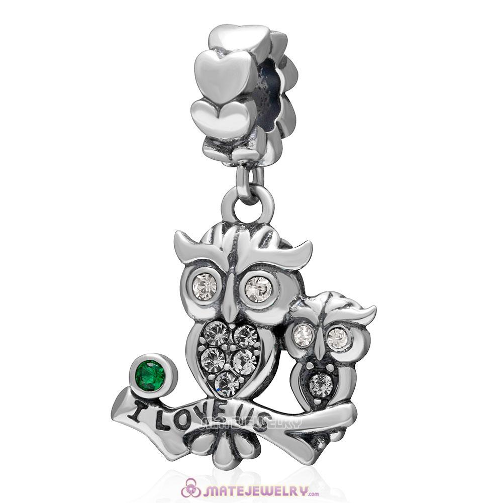 I Love Us Owl Charm 925 Sterling Silver Dangle Bead with Clear Crystal