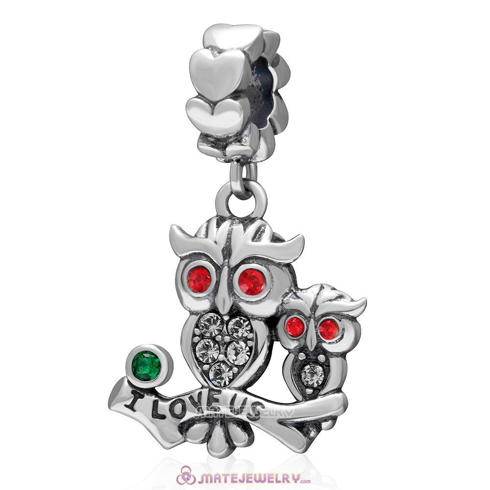 I Love Us Owl Charm 925 Sterling Silver Dangle Bead with Lt Siam Crystal