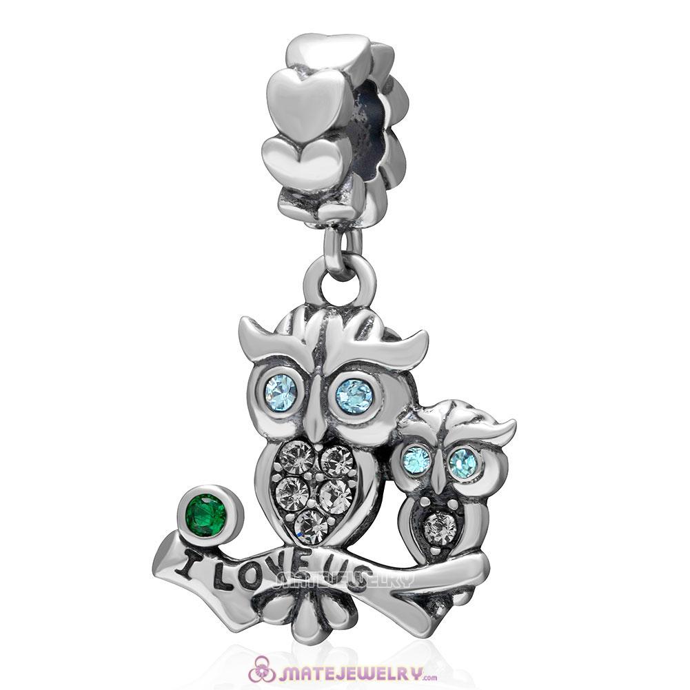 I Love Us Owl Charm 925 Sterling Silver Dangle Bead with Aquamarine Crystal