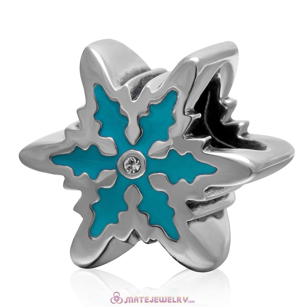 Blue Snowflake 925 Sterling Silver Enamel Charm Bead with Clear Crystal
