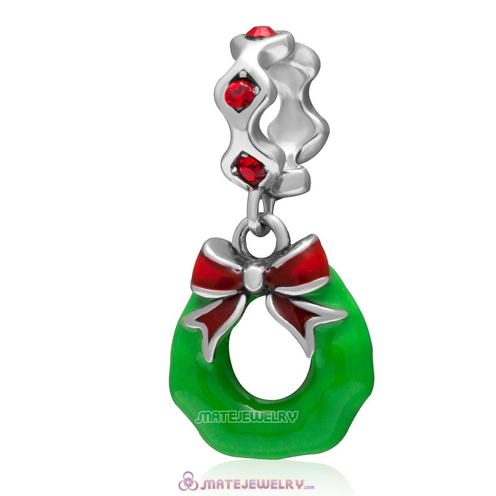 Holiday Wreath Charm 925 Sterling Silver Dangle Bead with Red Crystal