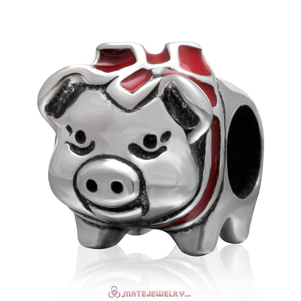 Lovely Pig with Red Bow Charm 925 Sterling Silver Animal Bead