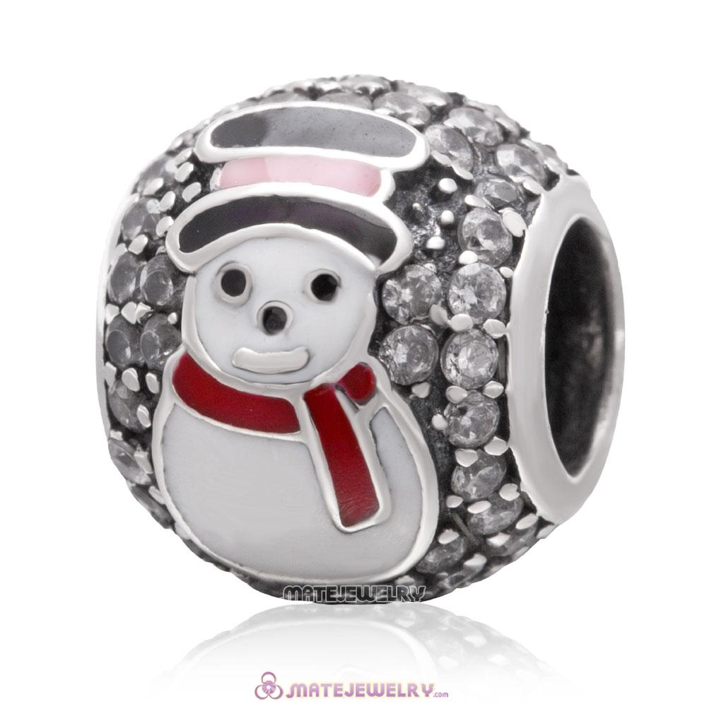 Christmas Snowman Charm 925 Sterling Silver Zircon Stone Bead