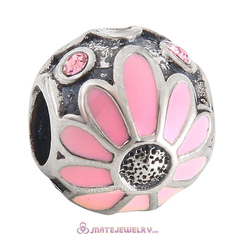 Pink Daisy Flower Charm 925 Sterling Silver Bead with Lt Rose Crystal
