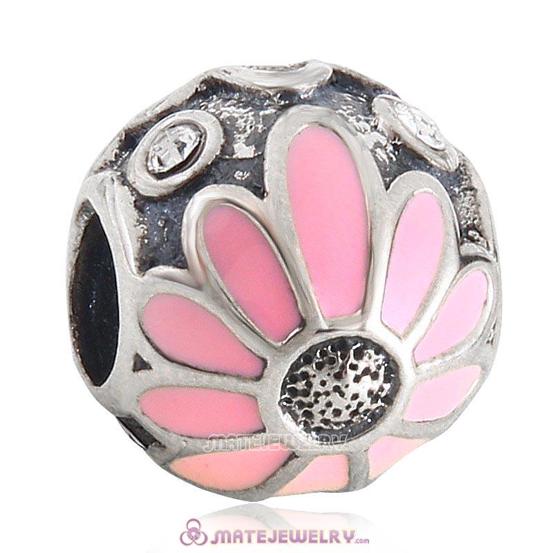Pink Daisy Flower Charm 925 Sterling Silver Bead with Clear Crystal