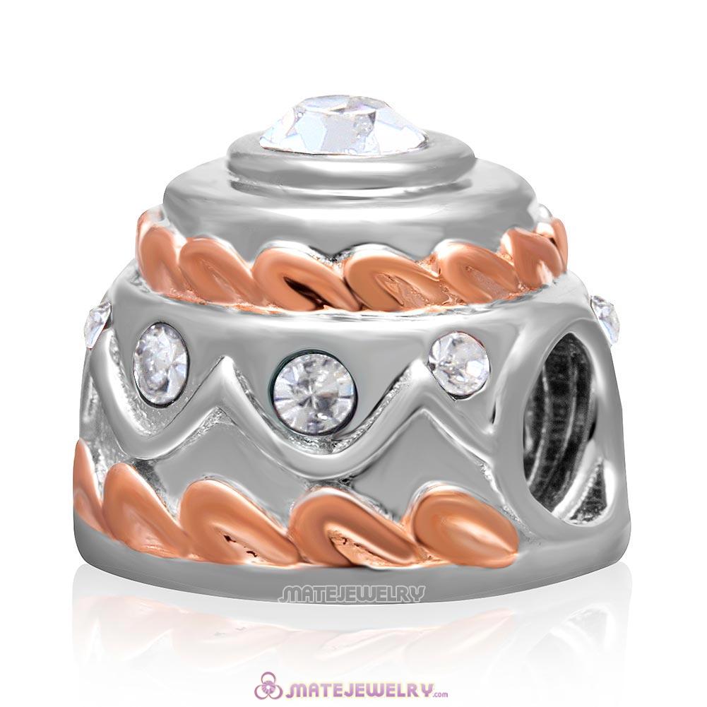 Rose Gold Birthday Cake Charm 925 Sterling Silver Bead with Clear Crystal