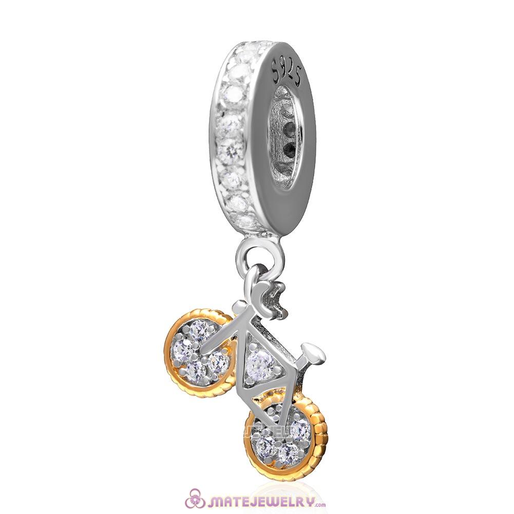 Bike Dangle 925 Sterling Silver with Clear CZ and Gold Plated Charm