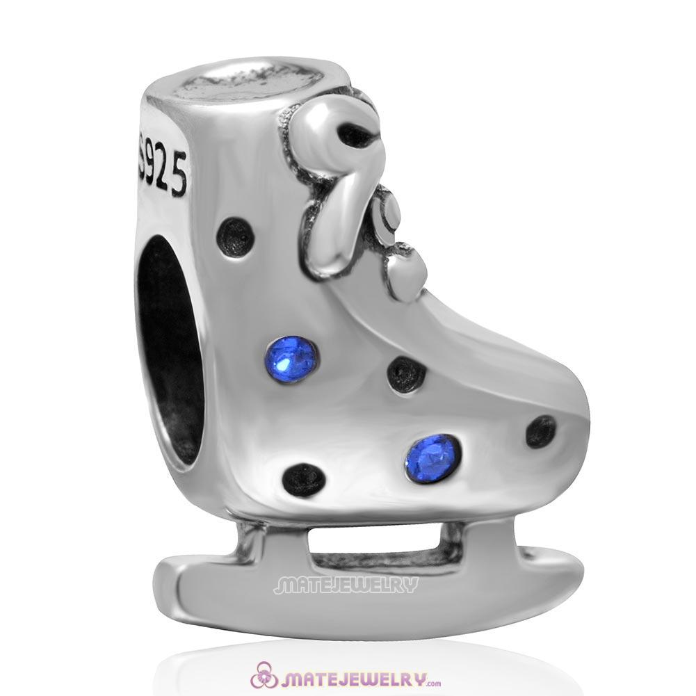 925 Sterling Silver Winter Ski Boot Charm Bead with Sapphire Crystal