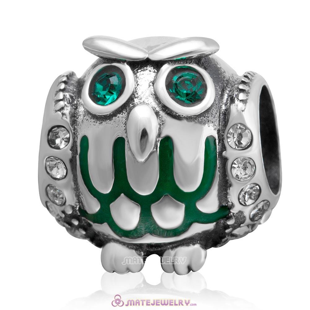 Owl Charm Antique 925 Sterling Silver Bead with Emerald Crystal and Enamel