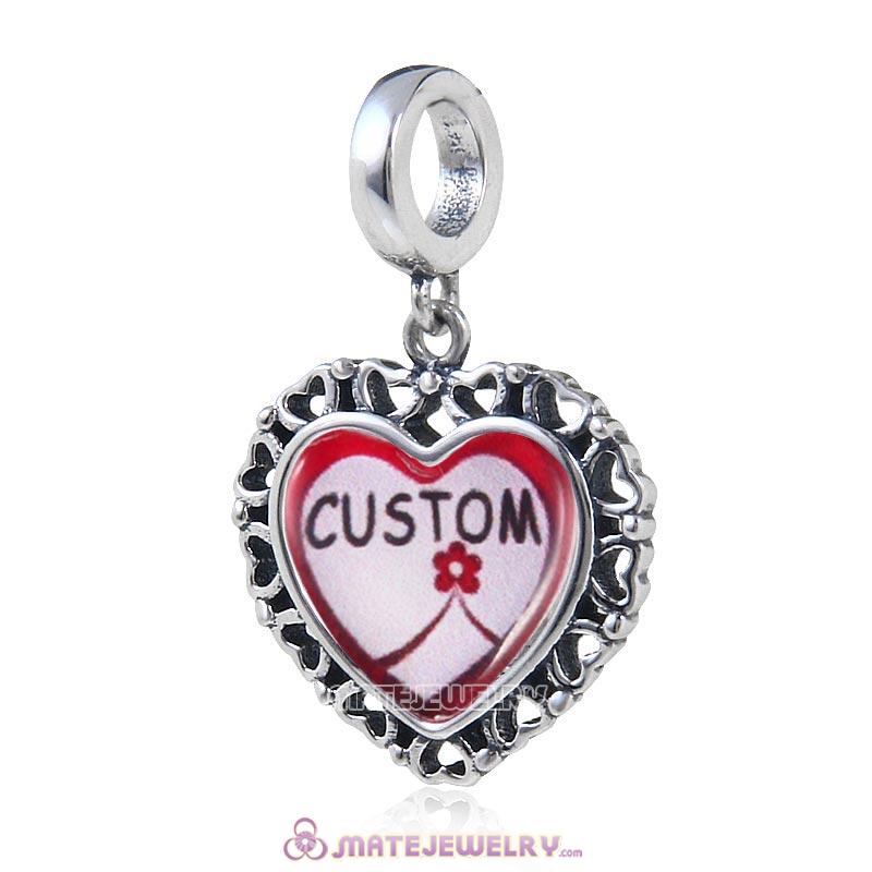 Custom Sterling Silver Love Heart Dangle Beads with DIY Photo European Style