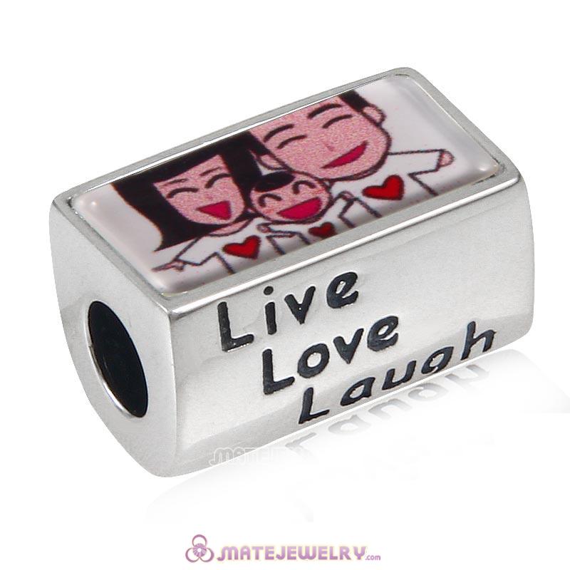 Three of Family Sterling Silver Live Love Laugh Rectangle Beads with DIY Photo European Style