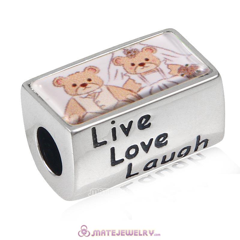 Wedding Bear Sterling Silver Live Love Laugh Rectangle Beads with DIY Photo European Style