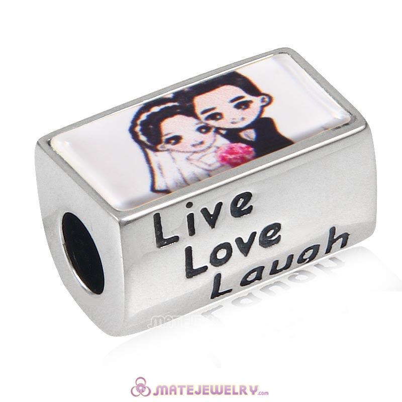 925 Sterling Silver Live Love Laugh Rectangle Bead with DIY Wedding Anniversary Couple Photo