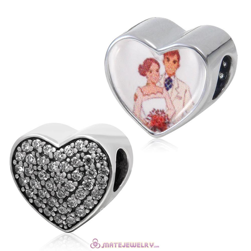 Clear CZ Pave Sterling Silver Love Heart Beads with DIY Wedding Lover Couple Photo 