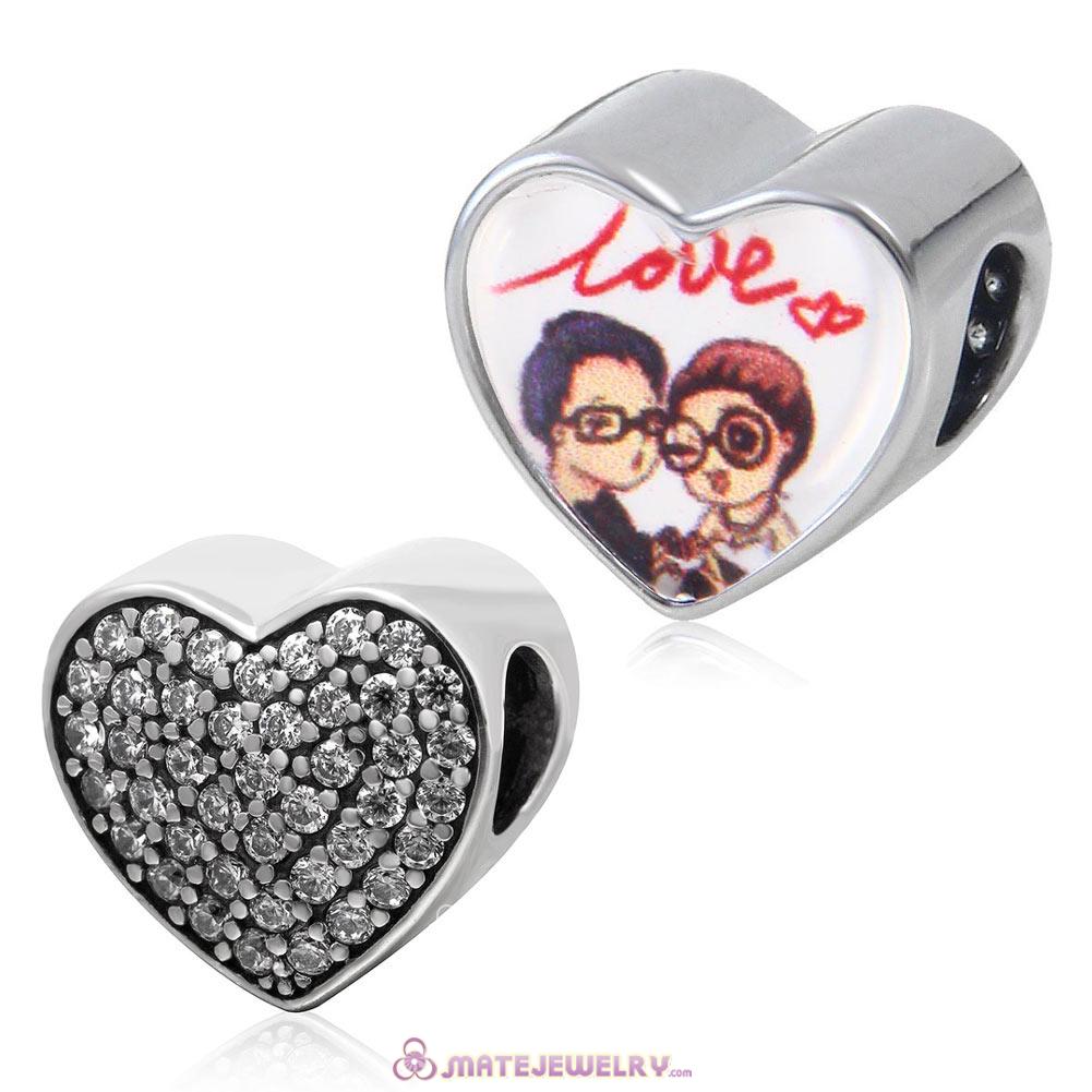 Clear CZ Pave Sterling Silver Love Heart Beads with DIY Couple Love Photo 