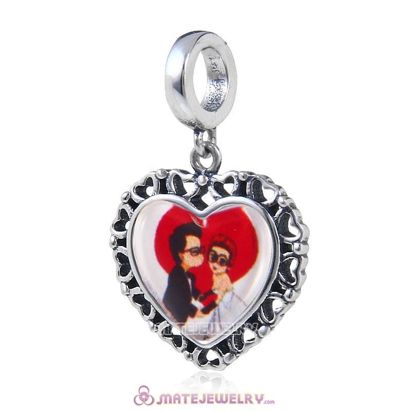 Sterling Silver Love Heart Dangle Beads with DIY Lover Kiss Photo European Style