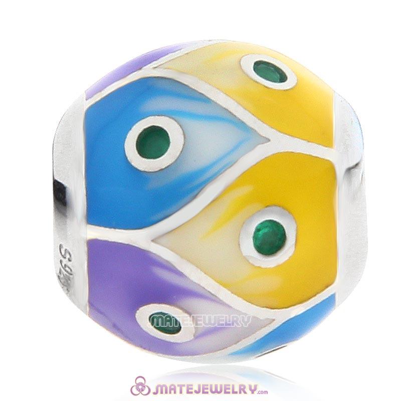 Round Ball Charm Stone 925 Sterling Silver Bead with Colorful Enamel