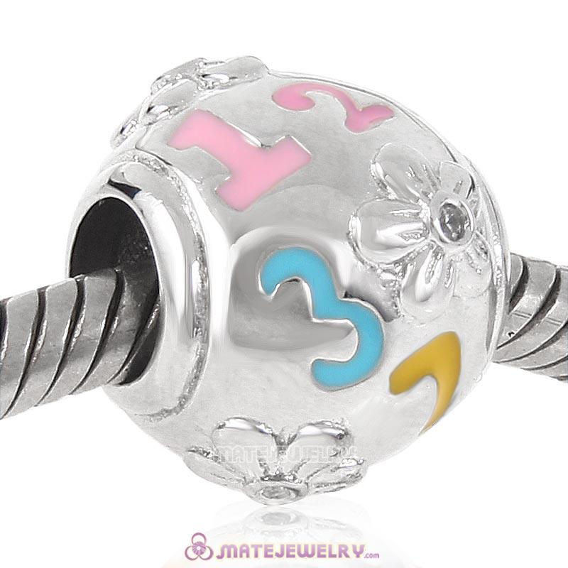 Number and Flower Charm 925 Sterling Silver Bead