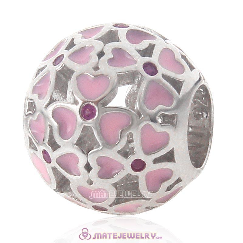 Pink Flower Love Charm 925 Sterling Silver Bead