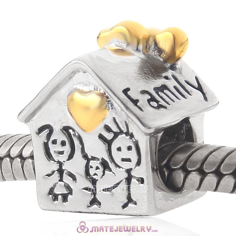 Family House Charm 925 Sterling Silver Gold Plated Love Bead