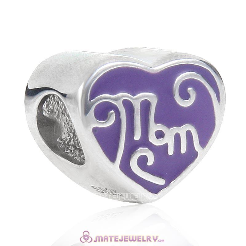 Purple Enamel Mom Love Charm Shiny 925 Sterling Silver Bead