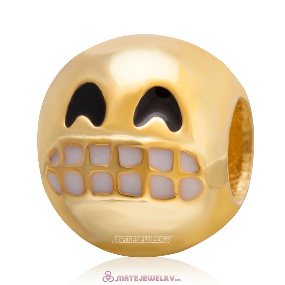 Gold Plated Emoji Grin Sterling Silver European Style Face Beads
