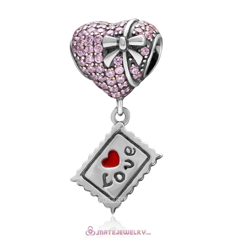 Pink Heart with Bowknot Love Postcard Charm 