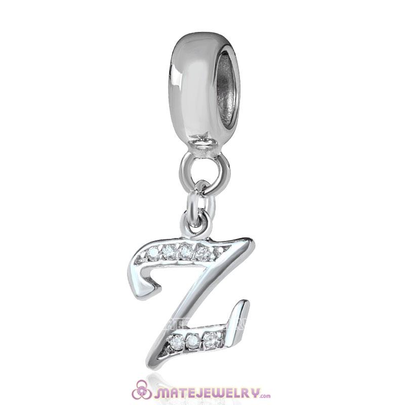 Sterling Silver Dangle Alphabet Z Beads with White CZ Stone