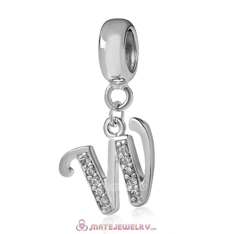 Sterling Silver Dangle Alphabet W Beads with White CZ Stone