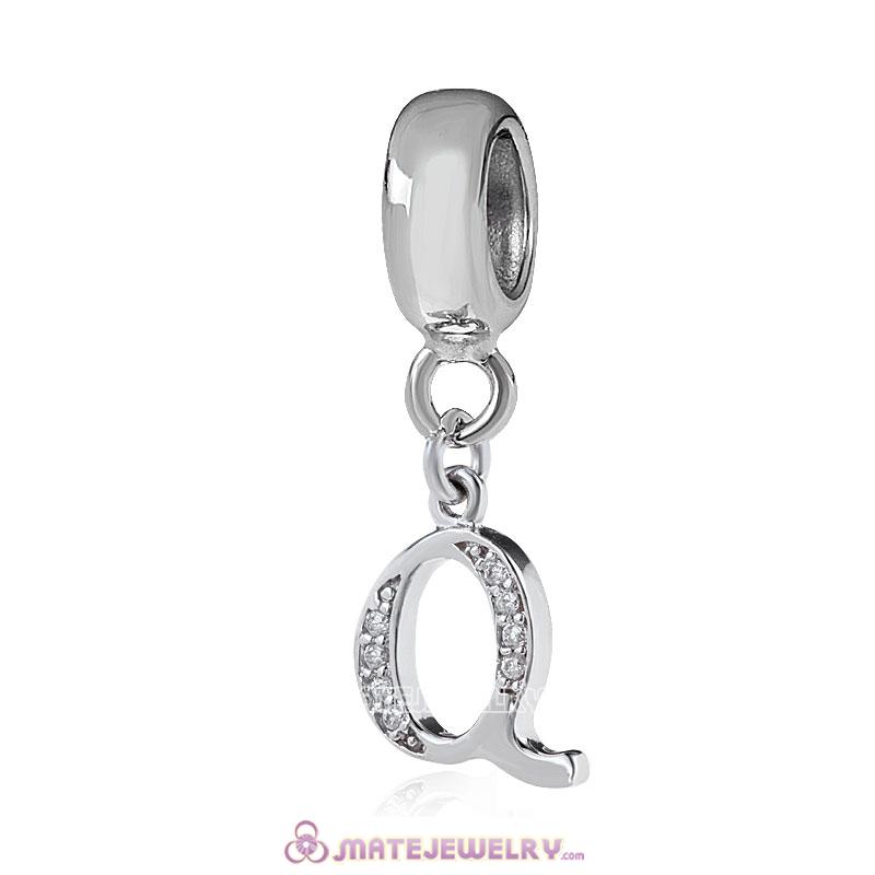 Sterling Silver Dangle Alphabet Q Beads with White CZ Stone