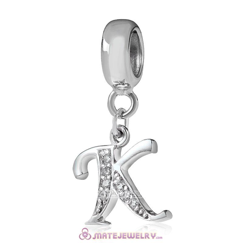 Sterling Silver Dangle Alphabet K Beads with White CZ Stone