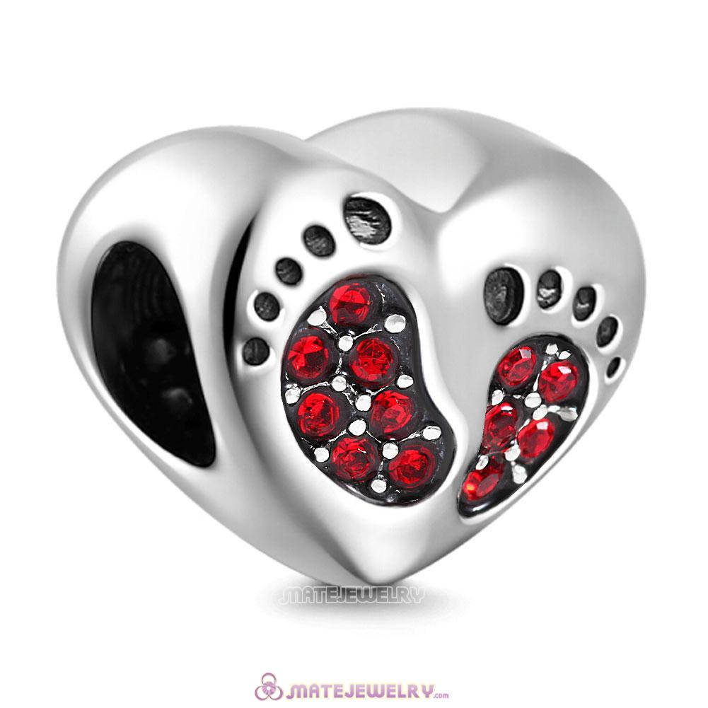 Red Crystal Baby Footprint Heart Charms Beads