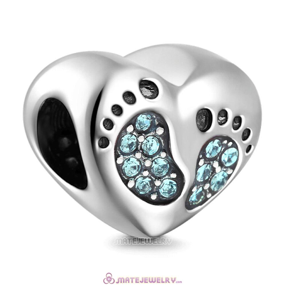 Aquamarine Crystal Baby Footprint Heart Charms Beads