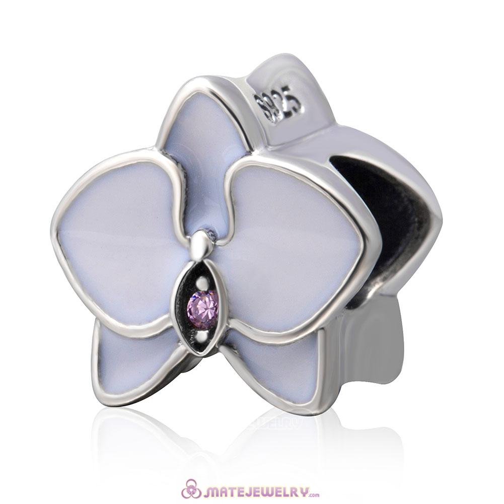 White Orchid Flower Enamel Charms Pink CZ