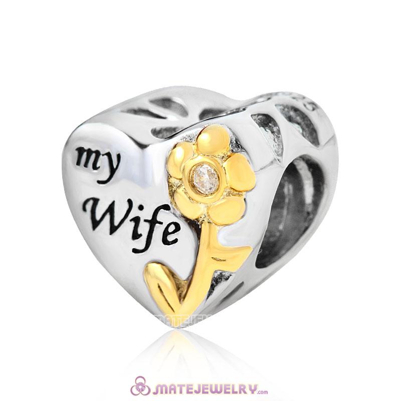 My Wife Heart Charm Antique 925 Sterling Silver with Gold Plated Bead